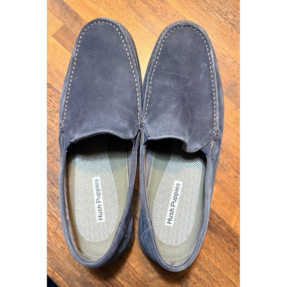 Men's soft suede dark blue Hush Puppies loafers size 10.5.  Slides slip in.